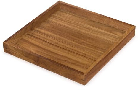 HILLSPRING Tablett aus Akazienholz, 33 x 33 cm, quadratisches Ottoman Tablett mit erhöhtem Rand, dekoratives Holztablett für Couchtisch, Wohnzimmer & Küche