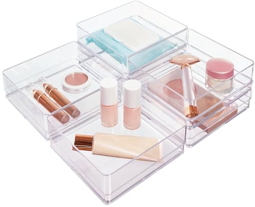 STORi SimpleSort 6-Piece Stackable Clear Drawer Organizer Set | 6 x 6 x 2 Square Trays | Small Makeup Vanity Storage Bins and Office Desk Drawer Dividers | Made in USA