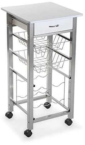 Versa Leicester Carrello cucina e Portabottiglie con ruote e cassetti, Mobile cucina, Misure (A x L x l) 82 x 40 x 40 cm, Legno e metallo, Colore Bianco
