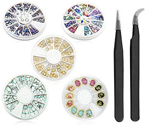 KADS 5 Wheels Nail Rhinestones Nail Art Decoration with Nail Nipper Picker Tweezer Tool