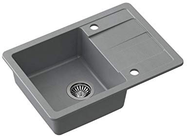 VBChome Fregadero de 62 x 44 cm de granito gris para empotrar, escurridor moteado, reversible, compuesto + sifón dispensador de detergente