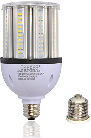 TSEXES 40W LED Bulbs 6000Lumen E26 Medium Base LED Corn Light Bulb 5000K Daylight,Equivalent 175W to 250W Metal Halide Bulb HID HPS Bulb for Indoor Outdoor Garage Workshop Warehouse Backyard