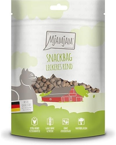 MjAMjAM - Premium Katzensnack - Snackbag - leckeres Rind, 1er Pack (1 x 125 g), naturbelassen ganz ohne synthetische Konservierungsstoffe