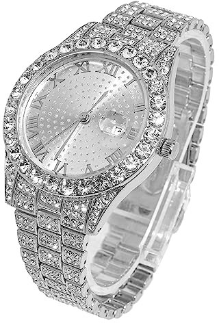Halukakah Diamant Golduhr Iced Out, Männer Platin Weißgold Plattiert Quarz Armband 24cm Rundes Zifferblatt, Kommt mit Geschenkbox