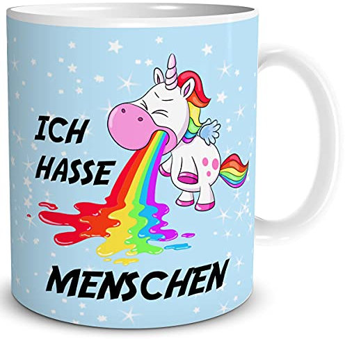 TRIOSK Tasse Kotzendes Einhorn mit Spruch lustig Ich hasse Menschen Geschenk Bürotasse für Männer Frauen Einhornliebhaber Freunde Kollegen Blau
