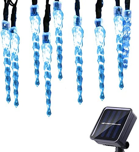 DINOWIN Eiszapfen Lichterkette Außen Solar, 21.3ft 30 LED Wasserdicht 8 Modi Eisregen Weihnachten Außenlichterkette für Innen Außen Garten Fenster,Traufe,Vorbau (Blau)