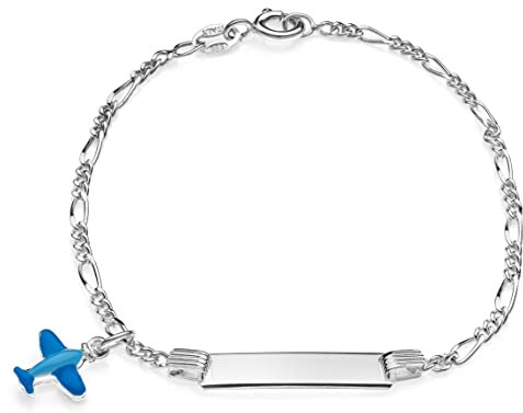 AKA Gioielli® - Kinder ID Armband 925 Sterling Silber mit Blau emaille Flugzeug, Geschenk für Jungen und mädchen