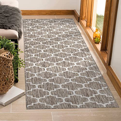payé Outdoor Teppich Wetterfest - 80x250cm Läufer - Beige Weiß - Netz Raute - Teppiche für Terrasse Balkon Garten Indoor