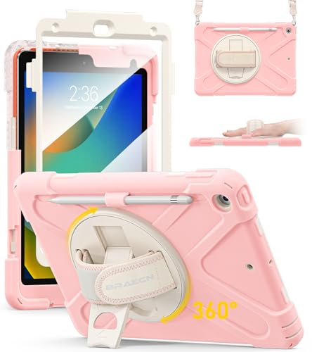 BRAECN Funda para iPad 9a/8a/7a Generación - 10.2 Pulgadas 2021/2020/2019 | Funda Resistente con Protector de Pantalla, Portalápiz, Soporte de Rotación de 360°, Correa de Mano/Hombro, antichoque