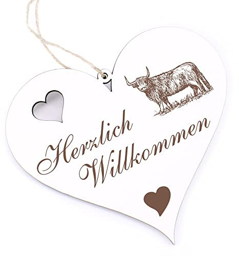 Herzlich Willkommen Schild - Schottisches Hochlandrind - Deko Herz Holz Willkommensschild Türschild Dekoschild Türdeko