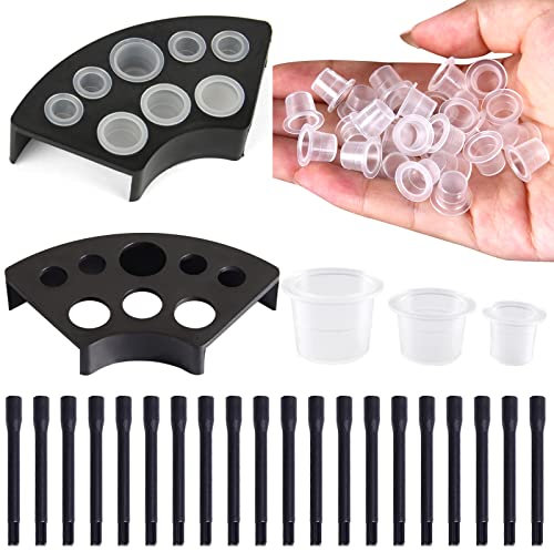 VEGCOO 300 Stück Tattoo Tintenbecher, je 100 große, mittlere und kleine Ink Cups aus Kunststoff + 2 Becherhalter + 20 Mischstäbchen für Tätowierfarbenbecher Tattoo Zubehör