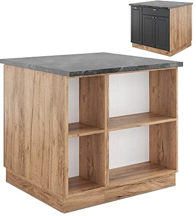 Vicco Isla de Cocina Fame-Line, Antracita Casa de Campo/Roble Kraft Dorado, 90 cm con cajón, sin encimera