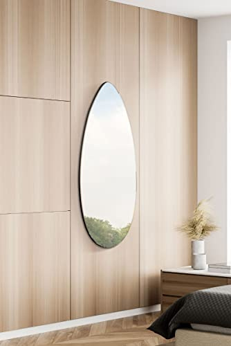 MirrorOutlet The Tear Drop - Frameless Modern Full Length Glass Leaner/Wall Mirror 47 X 18 (120CM X 45CM) Silver Mirror Glass with Black wooden Backing - Polished Edging