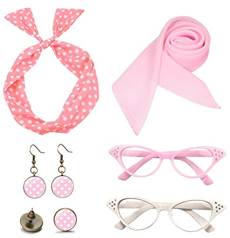 TSHAOUN 5PCS Rockabilly Accessoires 50er Jahre Frauen Kleid Accessoires mit Polka Dot Chiffon Schal Katzenaugen Brille 60er Jahre Kleidung für Motoparty Retro Teil Party