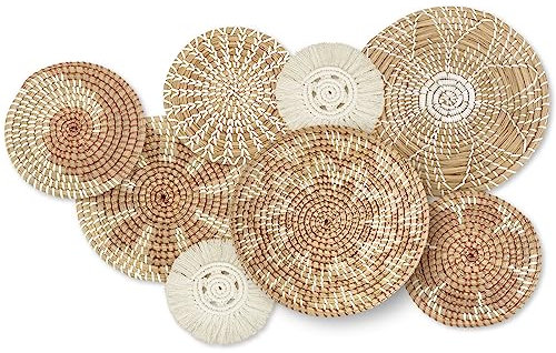 Xuhal Set mit 8 hängenden gewebten Wandkorb, handgefertigt, dekorativ, rustikal, Boho-Wandkorb, Dekoration, handgefertigt, Weidenkorb, rund, Seegraskorb, Wandkunst für Zuhause, Küche, Bauernhaus,