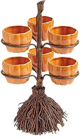 PUZAME Cute Halloween Resin Pumpkin Bowls on Witch’s Broom for Serving Fruit Salad Snacks Dessert, Halloween Party Supplies Tabletop Trays Halloween Pumpkin Snack Bowl Stand Decorations, 6 Bowls