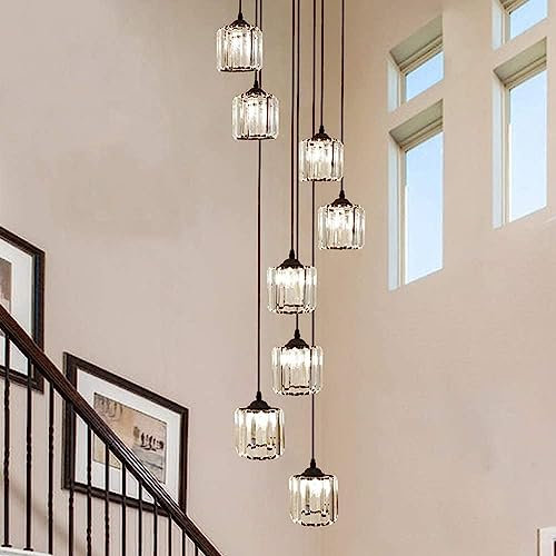 ITOSUI Lámpara de araña de cristal negro de 8 luces para vestíbulo, entrada, escalera, lámpara de techo larga en espiral, luces colgantes modernas de vidrio de granja para sala de estar, pasillo alto