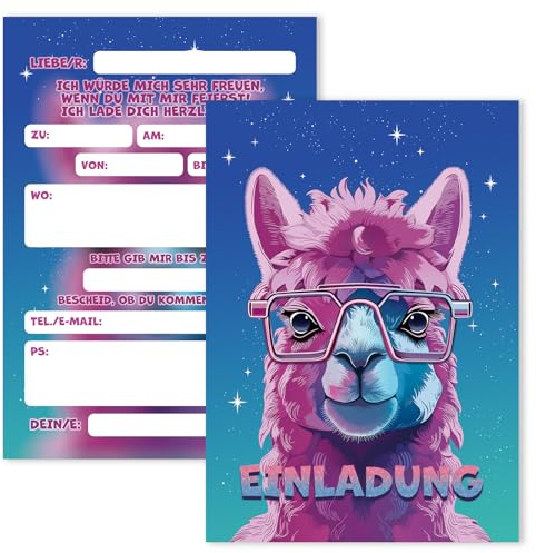 Sugeru 12PCS GLITZER Einladungskarten Kindergeburtstag mit GLITZER Lama Design, Geburtstagseinladungen junge mädchen, Lustig lässige Alpaka Einladungskarten Geburtstag, Teenager Partyeinladungen