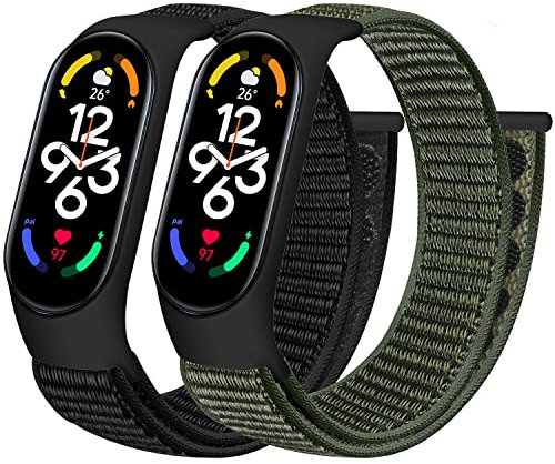BTTNG Correa Compatible para Xiaomi Mi Band 7/Mi Band 6/Mi Band 5 4 3/Amazfit Band 5 Correa, 2 Pack Transpirable Nylon Sport Solo Loop Pulsera de repuesto para Mi Band 7/6/5/4/3 Mujeres Hombres