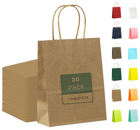 MORAINJAY 20 Stück Geschenktüten mit Henkel,Kraftpapiertüten,15x8x21cm Original Papiertüten für Geschenkverpackung,Gastgeschenke Tüten für Einkaufen,Hochzeiten,Verpackungen,Kindergeburtstag
