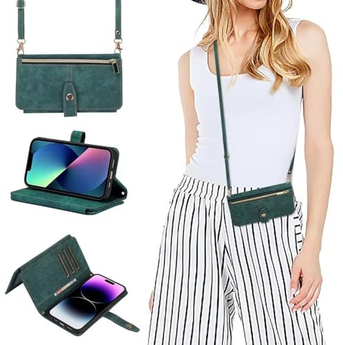 xinyunew Premium Leder Klapphülle für Huawei P20 Pro Hülle mit Band, Leder Huawei P20 Pro Handytasche Handyhülle Praktische Handykette Kartenfächer Umhängetasche Huawei P20 Pro Case,Grün