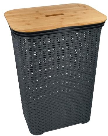 HRB Wäschekorb mit Bambusdeckel Rattan 65 Liter, Wäscheaufbewahrung aus Kunststoff, Wäsche Sortierer (Anthrazit-Bambus)