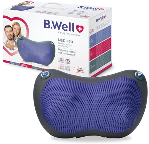 B.Well MED-420 Coussin masseur shiatsu chauffant - Nuque et cervicales | Qualité suisse : têtes 3D rotatives avec chaleur infrarouge anti-tensions. 3 niveaux & sangle de fixation
