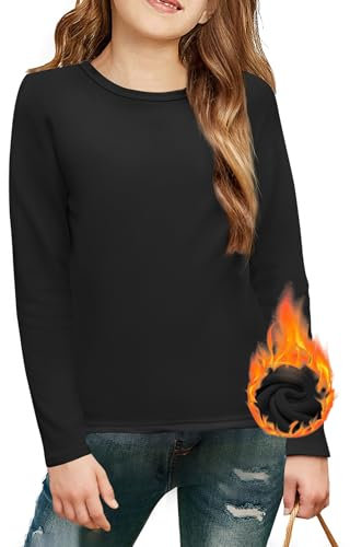 Arshiner Maglietta Nera per Bambini a Maniche Lunghe Girocollo Interno in Pile Top Basic per Ragazze Maglietta Termica Versatile Intimo Pullover Halloween Abbigliamento per Bambini 11-12 Anni