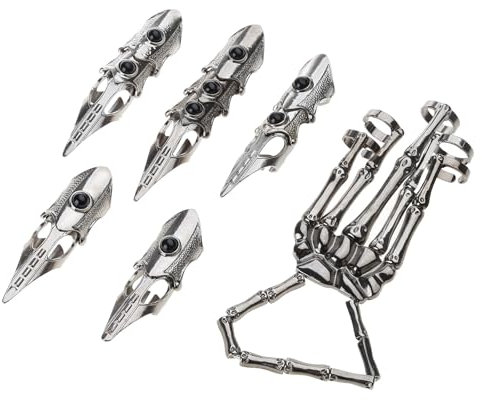 TEMOOUES Gothic Punk Skelett Hand Handschuh Einstellbare Metall Finger Klaue Skelett Vollfinger Ringe für Halloween Cosplay und Party
