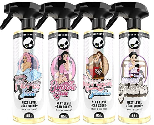 Nuke Guys Car Scents Set | 4 x 500ml Auto Duft Spray Autoparfüm | 1x Sweet Geisha 1x Bubblegum 1x Morgenständchen 1x Flores Scent - Praktischer Lufterfrischer | angenehmer Autoduft für den Innenraum