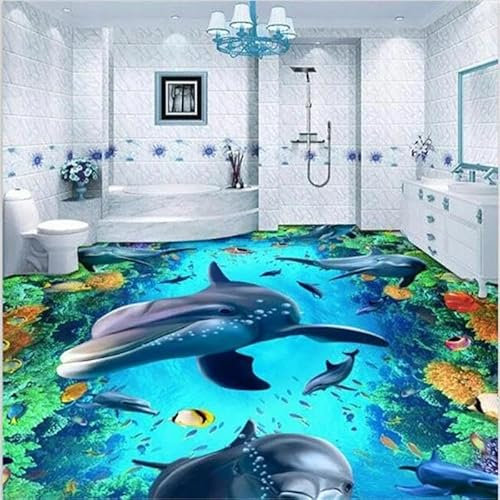 SABORR Self-Adhesive PVC Floor Tiles Mural 3D Wallpaper Under The sea Coral Dolphins Bedroom Bathroom Kitchen Floor Art Stickers
