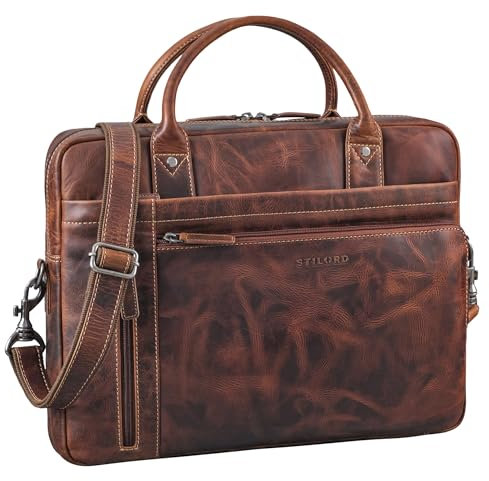 STILORD 'Jared' Unique Sacoche Ordinateur Cuir Sac Ordinateur 15.6 Pouces à 16 Cartable Homme Vintage Sac de Travail Femme Sac à Main Bandoulière Cuir Véritable, Couleur:Salerno - Marron