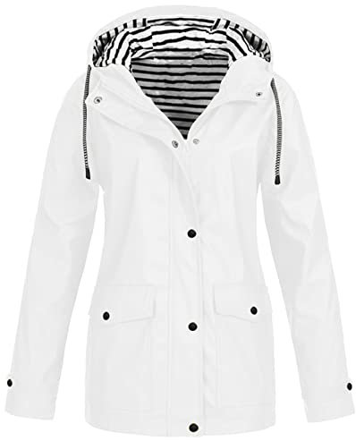 Veste Imperméable Femme Coupe Vent Parka de Pluie avec Capuche Outdoor Zippé Chaude Manteau Sport de Travail Grande Taille Randonnée Veste Pas Cher Mi Saison Adulte Jacket(Blanc,XL)