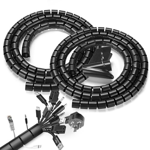 Romon 2 Pezzi Raccoglicavi Spiralato, 22mm*1.5 M Flessibile Raccogli Cavi, con 1 Fermaglio Guidafilo, Copri Cavi Elettrici per TV Computer Ufficio Casa Auto,Nero