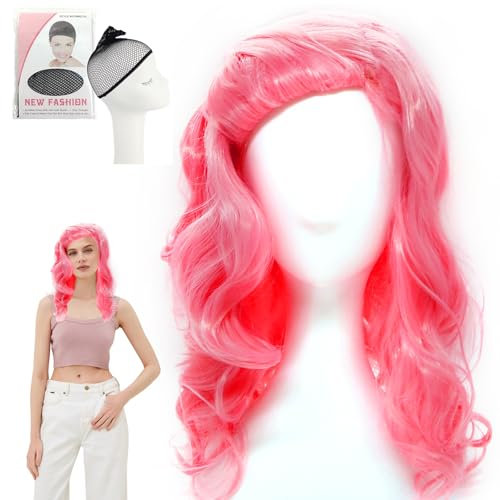 Rosa Cosplay Perücke, Mädchen Lang Lockig Perücken Haar lange gewellte Perücken, Filmcharakterperücken, für Weihnachten Maskerade, Anime Cosplay Kostümparty Halloween Karneval (Rosa)