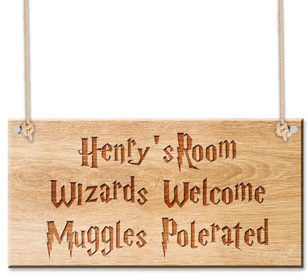 Personalised Magic Wooden Room Gate Sign - Engraved Plaque, Bedroom Door Signs with Any Text - Wizards Welcome, Muggles Tolerated