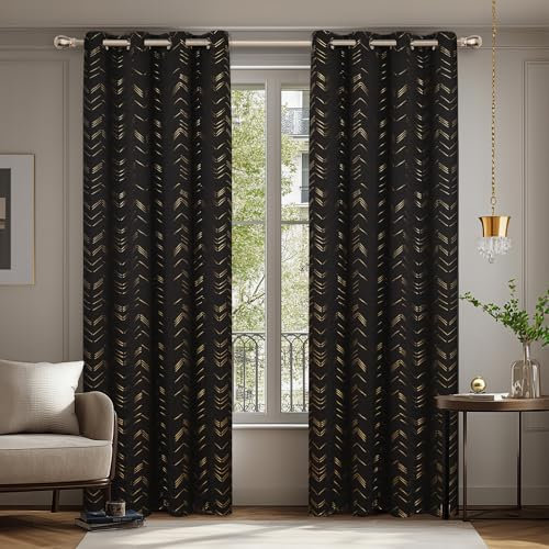 Deconovo Verdunkelungsvorhänge mit Ösen Blickdichte Gardinen Wohnzimmer Dicke Wärmeschutz VorhängeKälteschutz Thermogardine mit Linienmuster, 240x140 cm(HöhexBreite), Schwarz, 2er Set
