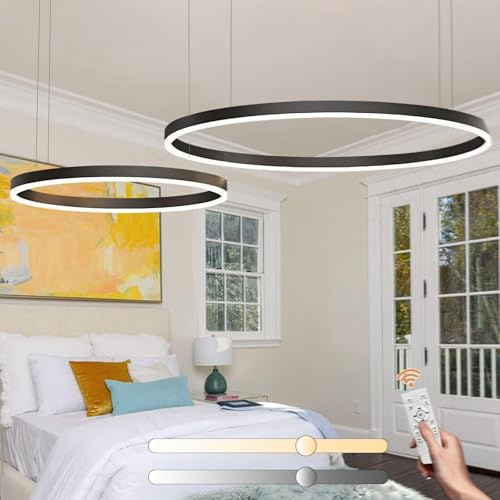 YYUTLUO Moderner DIY-Kreis-LED-Kronleuchter | 2 Schwarz Ringe:80+100cm=80W | LED-Pendelleuchte aus Metall+Acryl | 2,4 G Dimmbare Fernbedienung | Runde Decken-Hängelampe Wohnzimmer Schlafzimmer