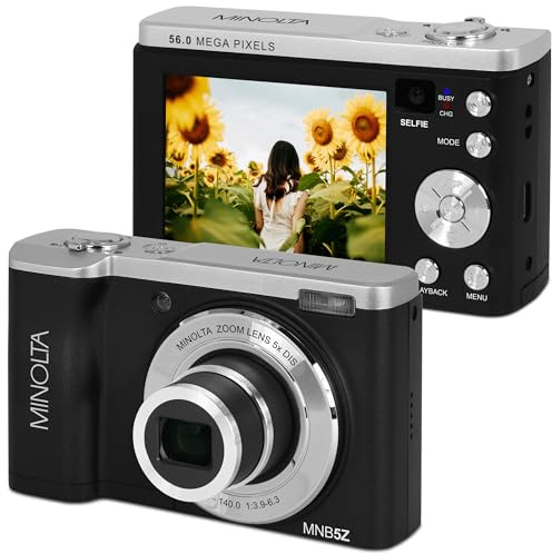 Minolta 56MP Dual Lens Digital Camera – 5X Optical Zoom, 5K Ultra HD Video, CMOS Sensor, 2.8-inch LCD Screen, Stabilization, Selfie Lens, 32GB Card, Rechargeable Battery (Black)