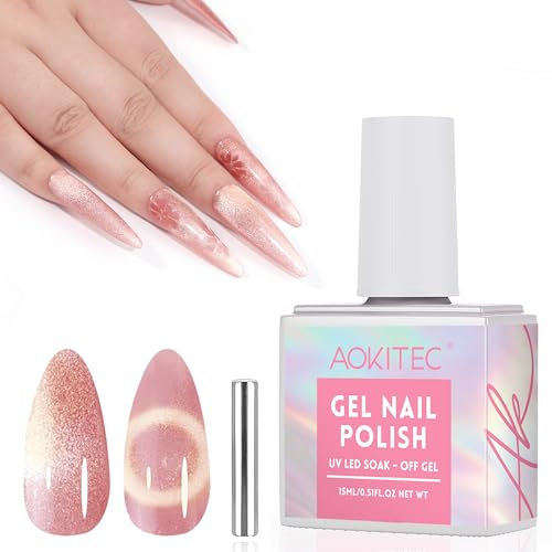 Aokitec Cat Eye UV Gel Nagellack: 15ml Rosa Cat Magnetic Eye Gel mit Magnet, 9D Soak-Off Halo Nail Polish Glitter Shimmer Nail Art Nagellack for Beginners DIY Nail Art Manicure Salon DIY Geschenk