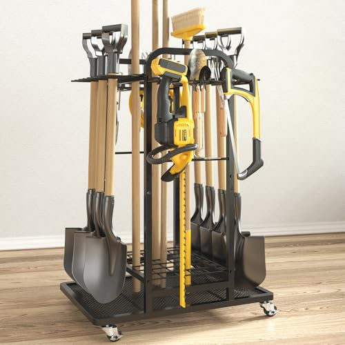 SOYEEZE Garden Tool Organizer with Lockable Wheels, Heavy Duty 3-Tier Yard Tower Tool Rack for Garage, Holds Up to 35 Long-Handled Tools, Garden Tool Cart with 12 Hooks for Tool Organization Storage