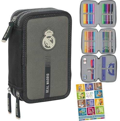 Real Madrid - Federmäppchen 3 Fächer - Mäppchen für Mädchen und Jungen - Federmappe 3-Fach Federtasche Gefüllte Schüleretui 37-teilig - Schulmäppchen und Hausaufgabenheft