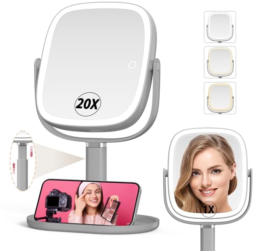 Mocado Makeup Mirror with Lights, 1X/20X Magnifying Mirror with Light, Vanity Mirror with 3 Colors Lights, Height Adjustable Lighted Makeup Mirror, Double Sided 360°Rotation, Memory Function (Grey)