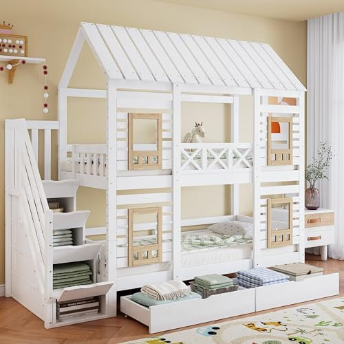 Kinderbett Etagenbett 90x200, Hochbett für 2 Kinder, Hausbett mit 2 Schubladen&4 Fenstern&Aufbewahrungsleiter, Doppelbett Holzbett mit Lattenrost&Rausfallschutz, Kiefer+MDF, Ohne Matratze, Weiß+Natur