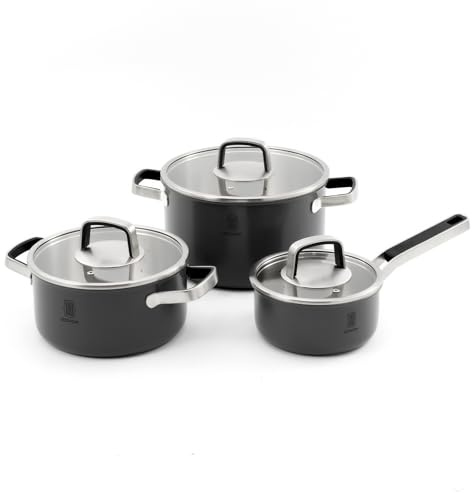ROYDX Edelstahl Topfset Induktion, 6-teiliges Töpfe Set mit Glasdeckel und Stay Cool Griff topf set für alle Herdarten und Backofen geeignet, Kochtopfset edelstahl unbeschichtet (grau)