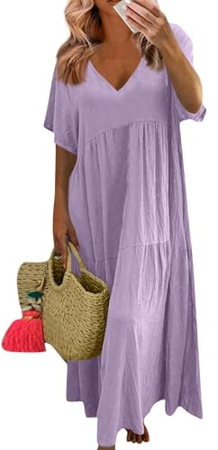 Robe Boheme Chic Longue Femme 2025 Mode en Coton Lin à Col en V à Manches Courtes Plus Size Couleur Unie Plissee Fluide Robe de Plage ÉTé Grande Taille pour Fête Vacances