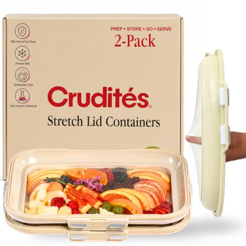 Crudités | Portable Snack Tray | Cream White | Reversible Stretch Lid Food Containers | BPA-Free, Freezer & Dishwasher Safe | Meal-Prep, Charcuterie (Rectangle 2-Pack - Cream White)
