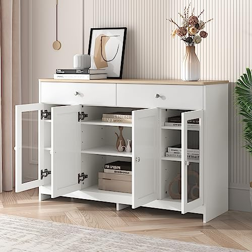 FurnitureR Sideboard mit weißer Holzmaserung, Vier Türen, mit Zwei Schubladen, Tür mit Glas. Wohnzimmer, Esszimmer. Holzfarbe und Weiß