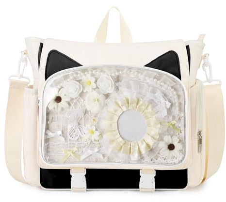 TINYAT Ita Bag Rucksack für Schule, Kawaii, Pin-Display-Tasche, ästhetischer Katzenrucksack, Anime, Cosplay, Crossbody, Kuriertasche, Mädchen, Frauen, Studenten, Weiß Schwarz / 107472