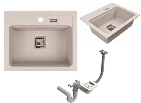 QLS YORK – Granitspüle 59x50 cm, 1-Becken, Einbauspüle, Beige, inkl. Siphon, Schablone – kratz- & hitzebeständig – für 60 cm Unterschränke – transportsicher verpackt
